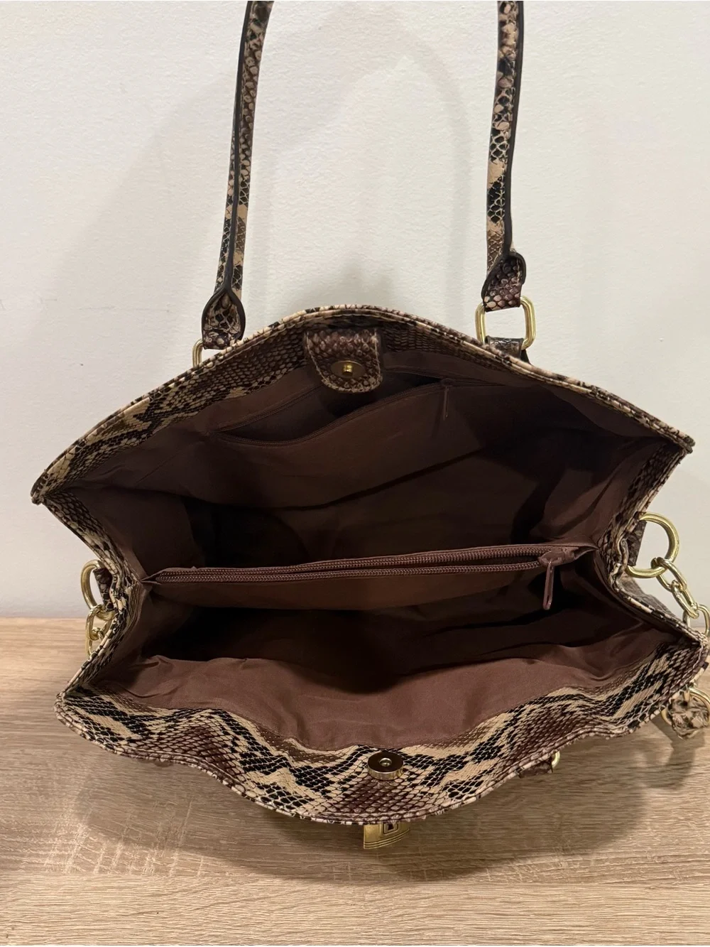 Rosetti Python Snakeskin Print Satchel Handbag Tote Purse Gold Lock Faux Leather